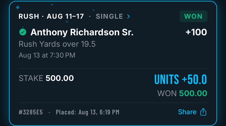 A settled Rush Slip in the app marked WON: a rushing yards pick at +100, stake 500, Units +50.0.